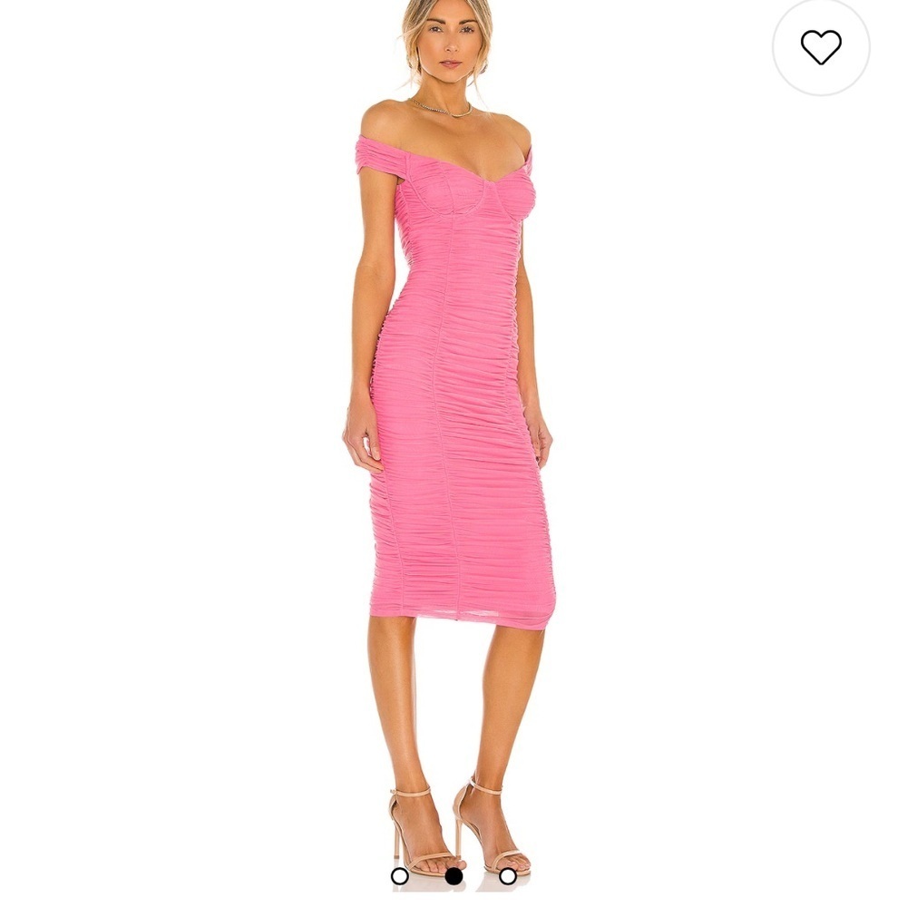 MAJORELLE Tabitha bubblegum Pink Ruched Bodycon Midi Dress barbiecore